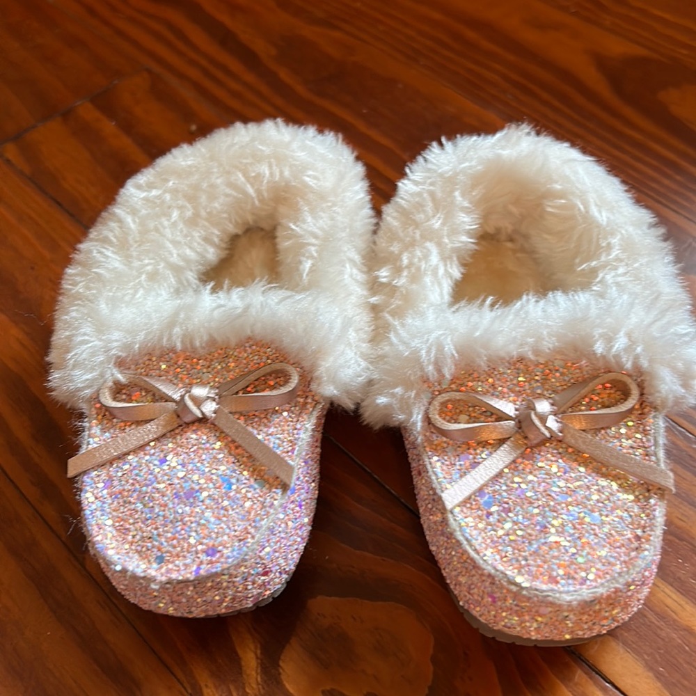 Pink glittery moccasin house slippers!